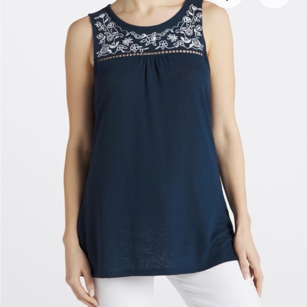 Market & Spruce -Adelisa Embroidered Linen Blend Knit Tank Top. Size XXL, Navy